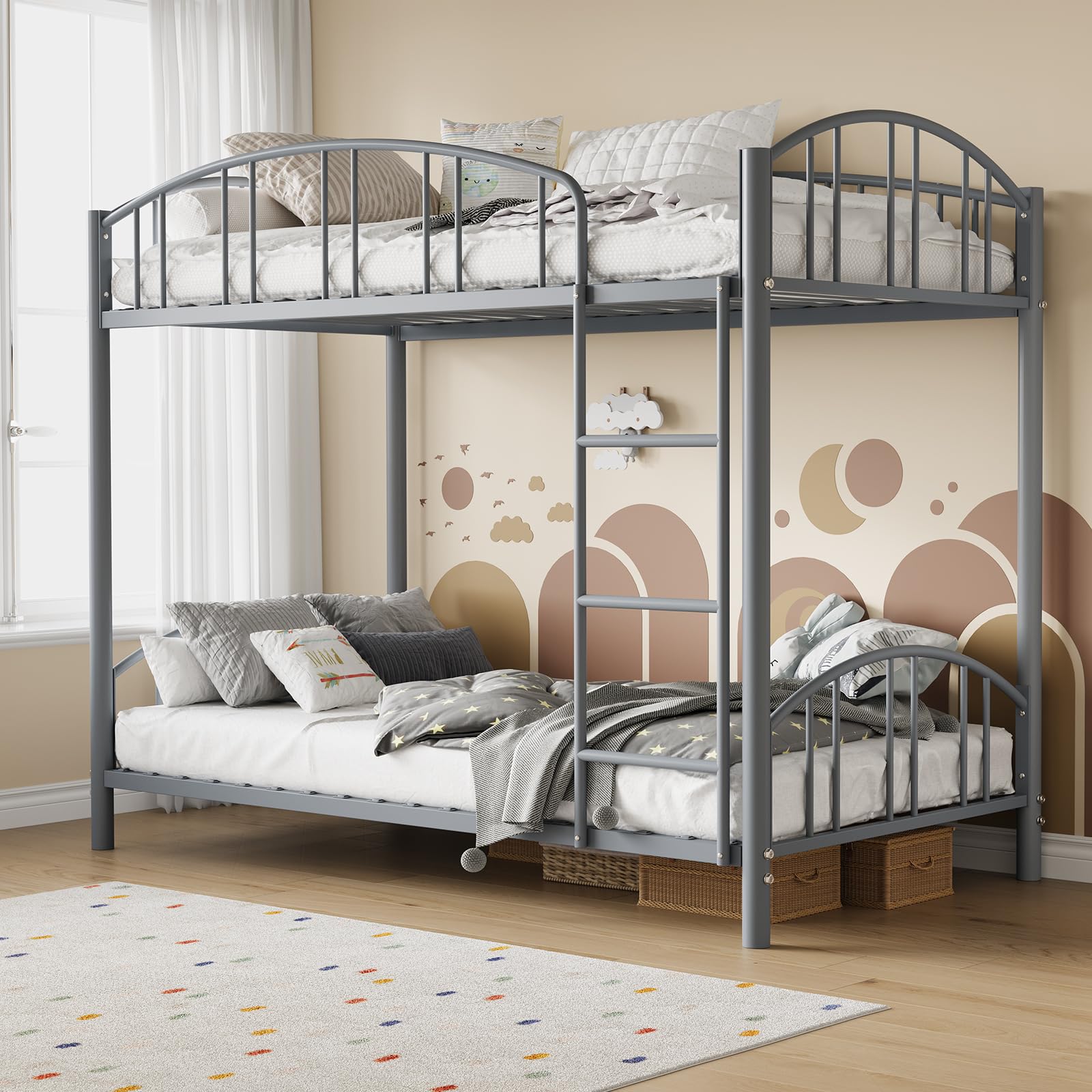 Photo 1 of Garvee Bunk Bed Twin Over Twin with Ladder and Arched Guardrail, Heavy Duty Bunkbeds Frame with Sturdy Steel Slats Support for Kids Boys Girls, Space-Saving, No Box Spring Needed, Gray