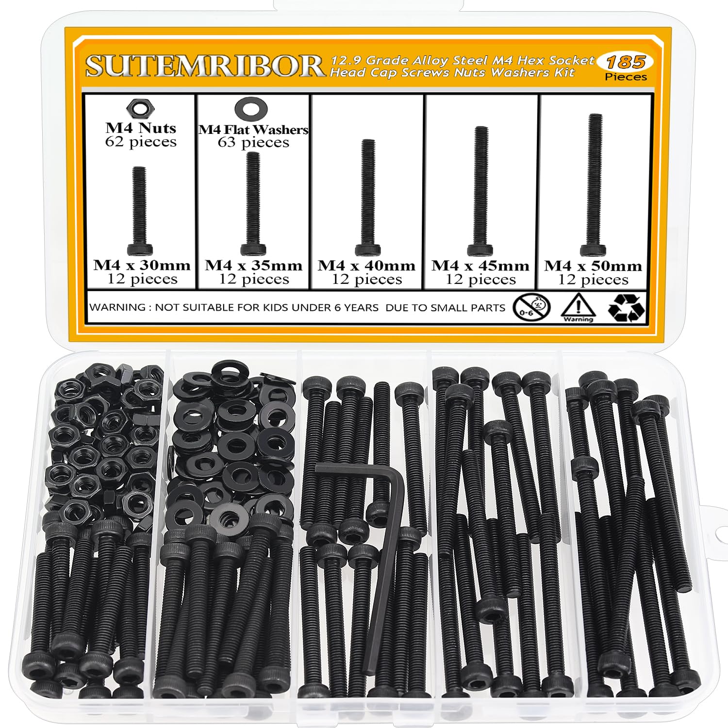 Photo 1 of 185 Pieces M4 x 30/35/40/45/50mm Hex Socket Head Cap Screws Nuts Washers Set Black, Sutemribor M4 Long Screws, M4 Black Screws Nuts Washers Assortment Kit, 12.9 Grade Alloy Steel, Fully Threaded