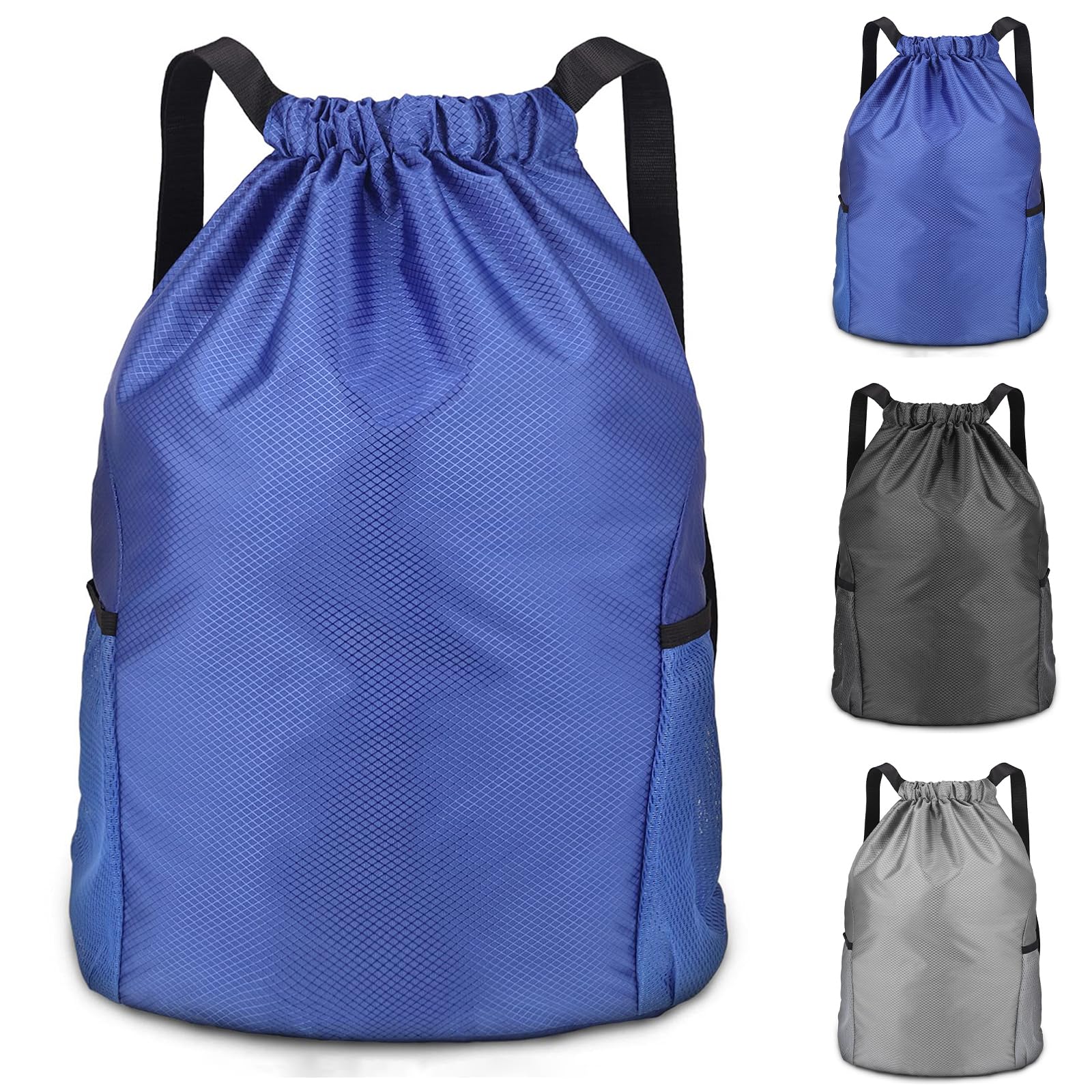 huipinghu Large Capacity Drawstring Backpack | Gym Sack with Outside Zipper & 2 Side Pockets | Unisex Sport Bag for PE Class, Gym & Travel - Water-Resistant, Durable (Royal blue)