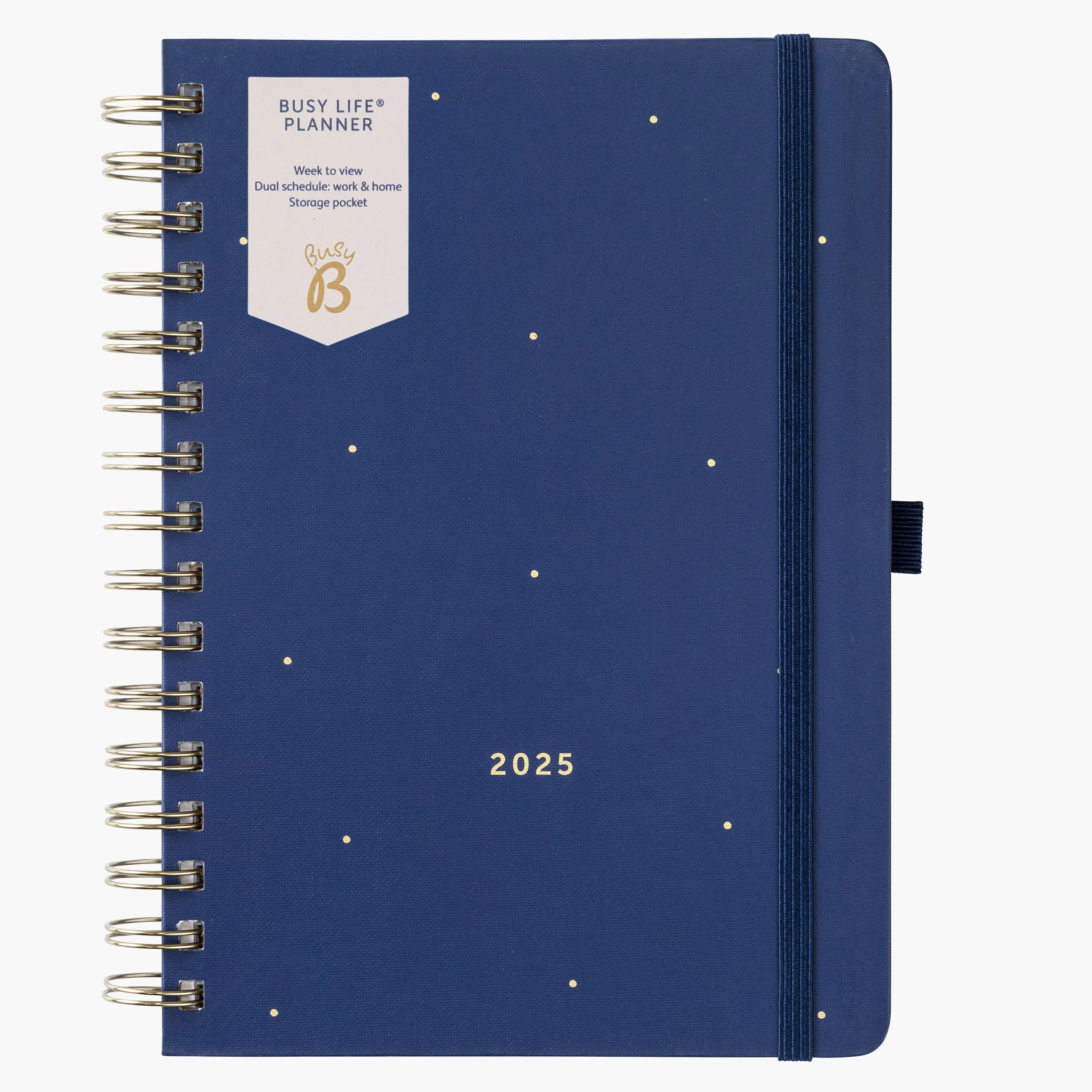 Busy B 12 Month Busy Life Weekly Planner Diary 2025 - Spiral Bound Diary with Week-to-View Layout, Dual Schedule, Tear-Out Lists, Storage Pocket, Pen Loop & Elastic Closure Band - Navy