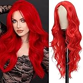 WOKAA Long Silky Red Wigs for Women 26 Inches Curly Wavy Wig Middle Part Natural Looking Synthetic Heat Resistant Wigs for Halloween Cosplay Daily Party Use