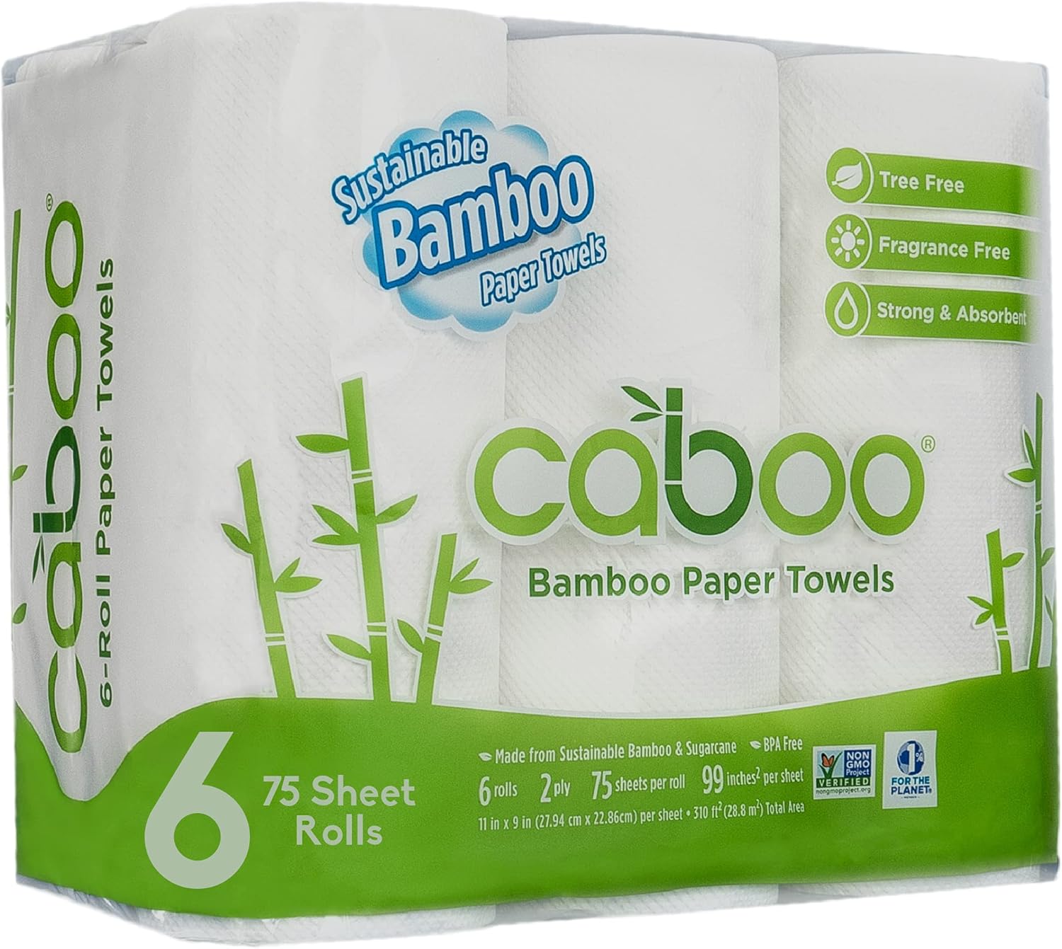 Caboo Tree Free Bamboo Paper Towels, 6 Rolls, Earth Friendly Sustainable Kitchen Paper Towels with Strong 2 Ply Sheets: Health & Personal Care