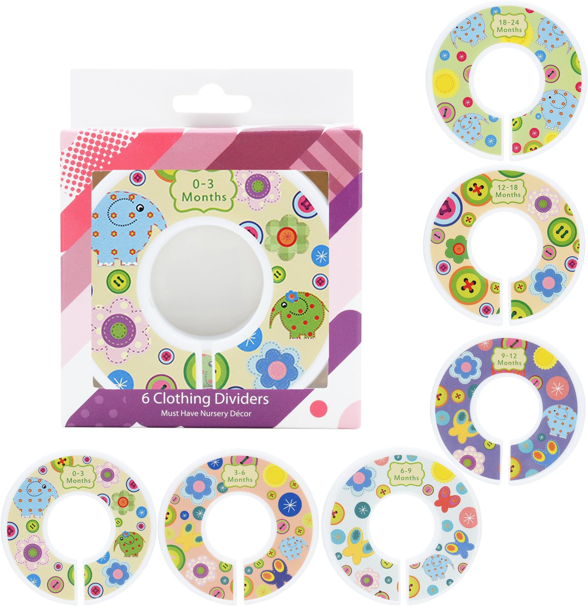 Baby Closet Clothing Dividers – Set of 6 Nursery Organizers – Wardrobe Rack Dividing Label Cards with Age & Size Indications (0-24 Months) – Decorative Bedroom Organization System