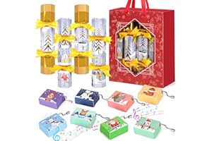 MOVINPE 8 Pack Christmas No Snap Party Table Favors, 10” Christmas Table Decorations with Hand-Crank Music Boxs, Paper Crown,