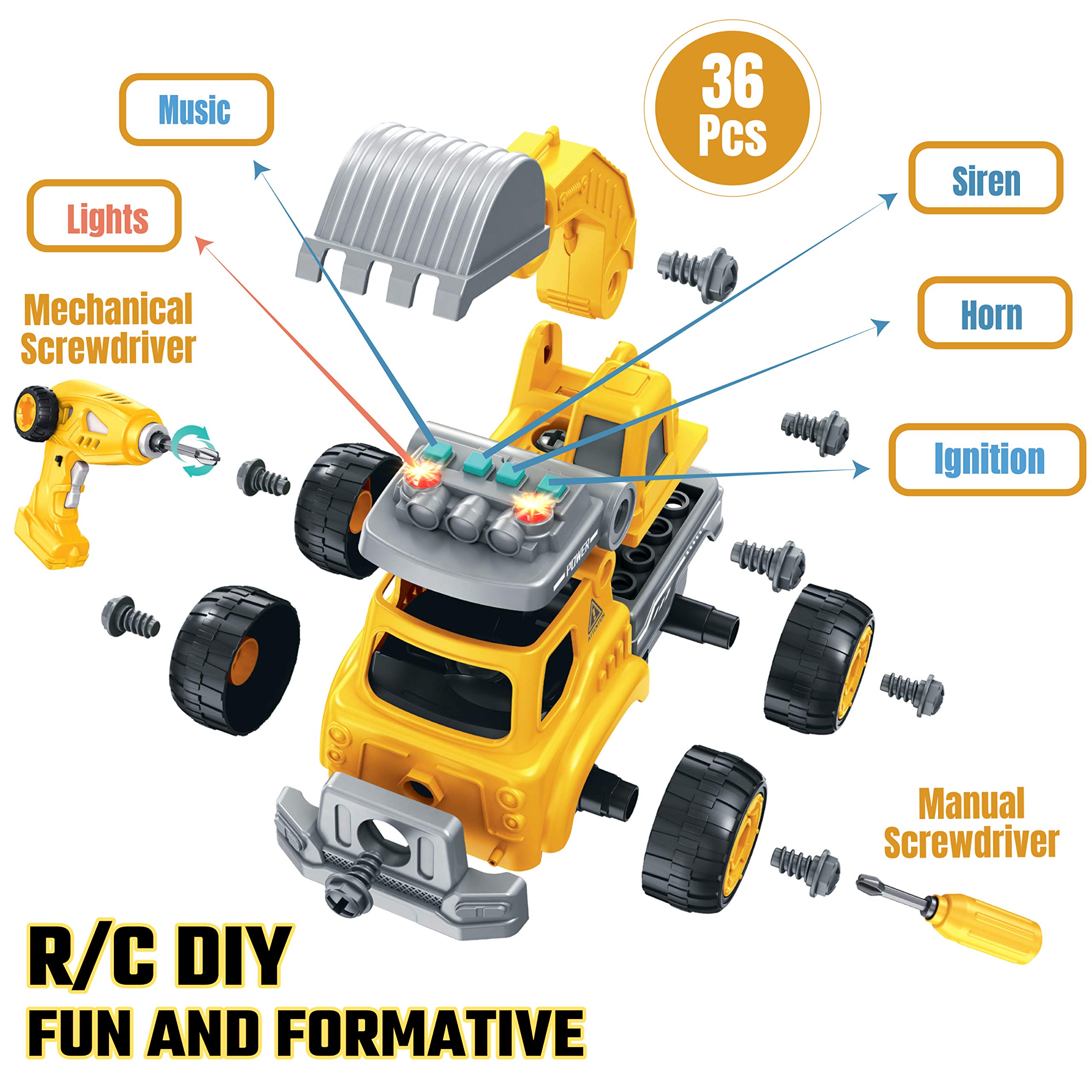 4-in-1 Take Apart Construction Toys for Kids, 36Pcs RC Car Trucks w/Electric 360° Drill Remote Control, DIY STEM Vehicle Building Toy, Sounds, Lights, Rechargeable, 3 4 5 6 7 Year Old Boys, Girls