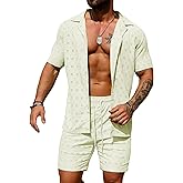 URRU Men's 2 Pieces Outfits Summer Beach Set See Through Sheer Short Sleeve Flower Lace Shirts and Shorts Sets