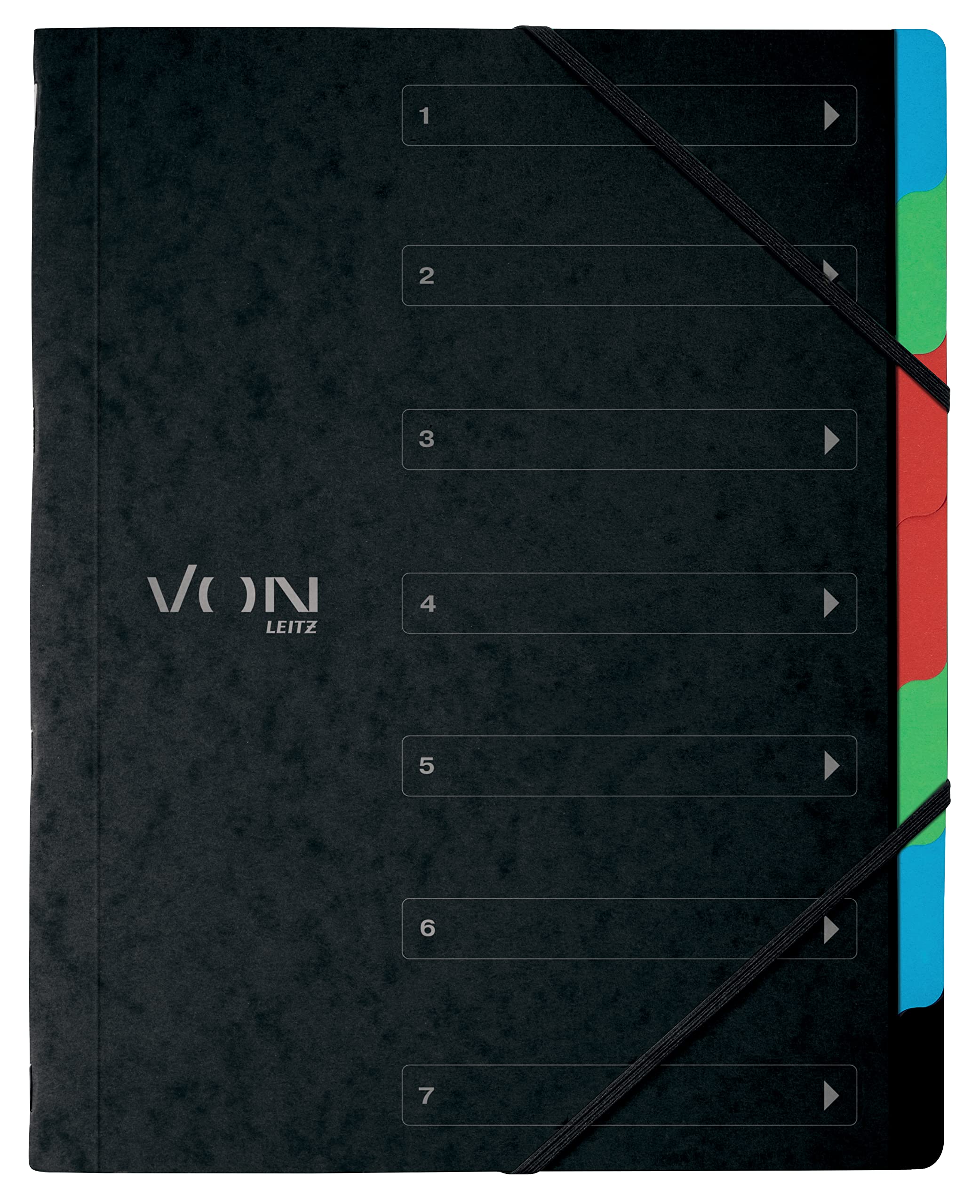 VON Leitz Pack of 5 A4 Folder with 6 Compartments, Project Folder, with Tabs, Portable, Lightweight Cardboard Document Tray with Elastic Closure, Black, 30140095