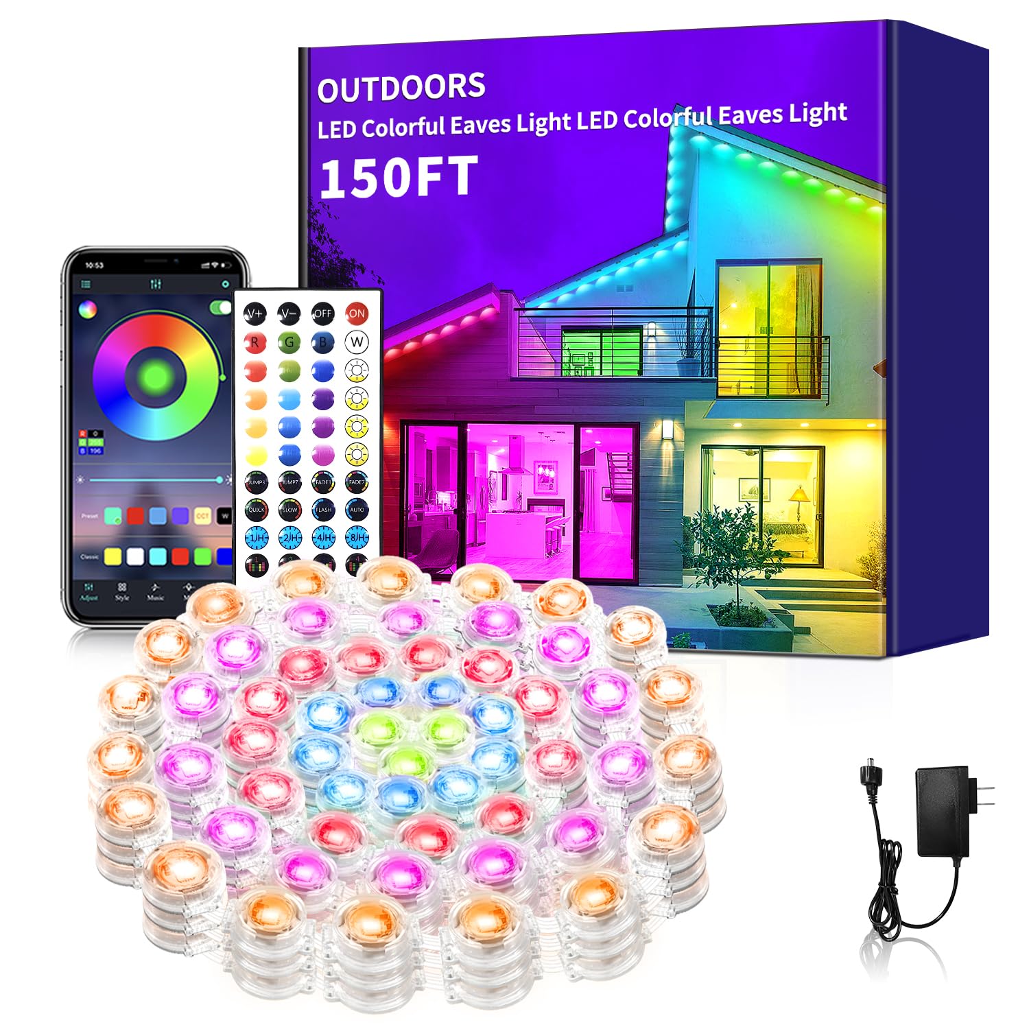Photo 1 of 150FT Permanent Outdoor RGB Lights,Waterproof Smart LED Eaves Lights?permanent outdoor light with App/Remote Control,Music synchronisation?for House,Halloween,Roof,Garden,Christmas Decorations