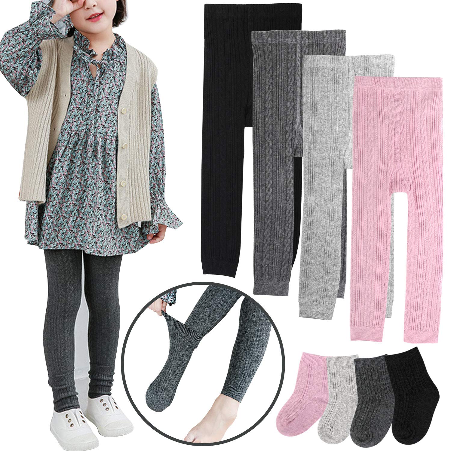 BOOPH 4 Pairs Girls Leggings Pants Sock Set Footless Knits Tights Stockings