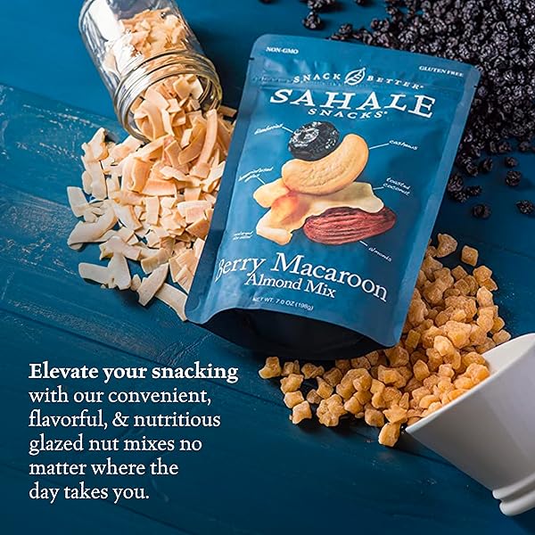 SAHALE SNACKS BERRY MACAROON ALMOND TRAIL MIX, 7 OZ POUCHES (1 PACK) – DRY-ROASTED DELUXE MIXED NUTS – COCONUT, BLUEBERRIES & APPLES – NON-GMO, KOSHER TRAIL MIX & CERTIFIED GLUTEN-FREE SNACKS