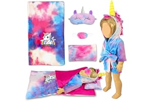 WONDOLL 18-inch Doll Clothes and Doll Sleeping Bag Set with Matching Sleepover Masks & Pillow