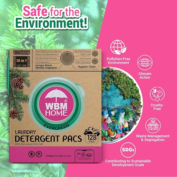 WBM LAUNDRY DETERGENT PODS – ULTRA-CONCENTRATED, HYPOALLERGENIC, STAIN-FIGHTING, EVERGREEN SCENT, 128-PACK, RECYCLABLE PACKAGING FOR ECO-FRIENDLY CLEANING