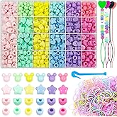 Wavlakth 1510 Pcs Candy Color Hair Beads for Girls Braids Kit with Elastic Rubber Band Threaders, Acrylic Star Heart Mickey Bead Mouse Head Pastel Cute Kandi Beads for Hair Bracelets Jewelry Making