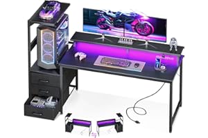 AODK 59 Inch Gaming Desk with USB Charging Ports & LED Light- Reversible Computer Desk with Storage Shelves & Monitor Stand, 