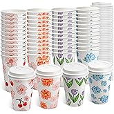 Jingmore 48 Pcs Spring Coffee Cups with Lids 12 oz Disposable Floral Plant Paper Tea Cups for Spring Themed Birthday Wedding Baby Shower Tea Party, 4 Colors (Flower)