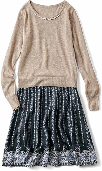 Amazon リブ イン コンフォート 衿ぐり華やかニットトップスと 柄スカートの上品くっつきワンピース ベージュ チャコールグレー S ワンピース チュニック 通販