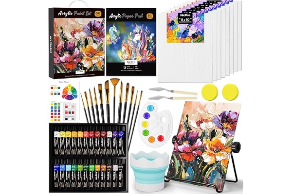 Nicpro 68PCS Acrylic Paint Canvas Set for Adults & Fluid Art Painting Supplies Kit with 24(0.4/OZ) Paints,Table Easel,8 Canva