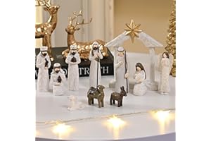 AOMOONOA White Nativity Set, Resin Small Christmas Nativity Figurine, 11Pcs Miniature Nativity Scene, Holy Family Manger Scene Tabletop Nativity Figurines for Christmas Indoor Decor