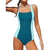 TyeSmo Girls Swimsuit One Piece Swimsuits Ribbed Bathing Suit for Girls Color Block Ruched Adjustable Strap Pad Swimwear
