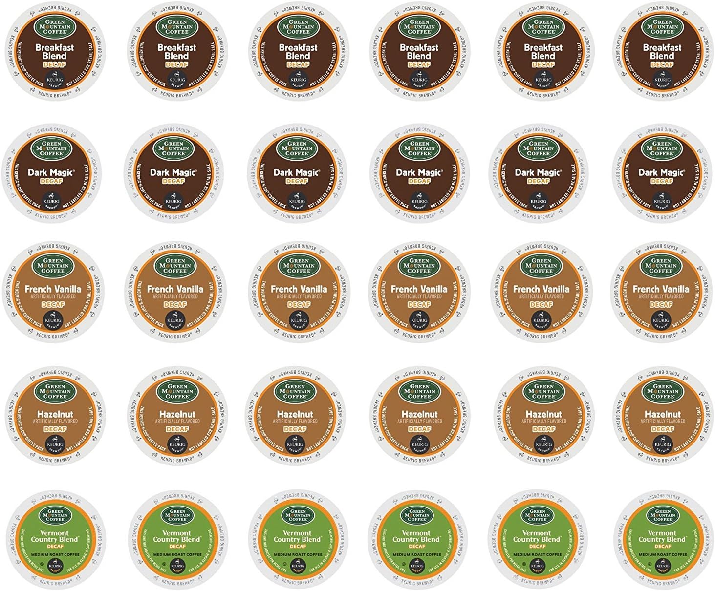 Green Mountain Decaf - Hazelnut Decaf, Vermont Country Blend Decaf, Breakfast Blend Decaf, French Vanilla Decaf & Dark Magic Decaf K-cup Sampler Pack for Keurig 2.0 - 30 Count/5 Varieties