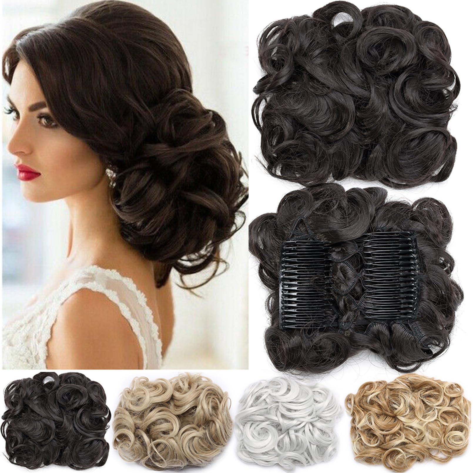 Short Messy Curly Dish Hair Bun Extension Easy Stretch hair Combs Clip in Ponytail Extension Scrunchie Chignon Tray Ponytail Hairpieces Dark Brown โ image 1
