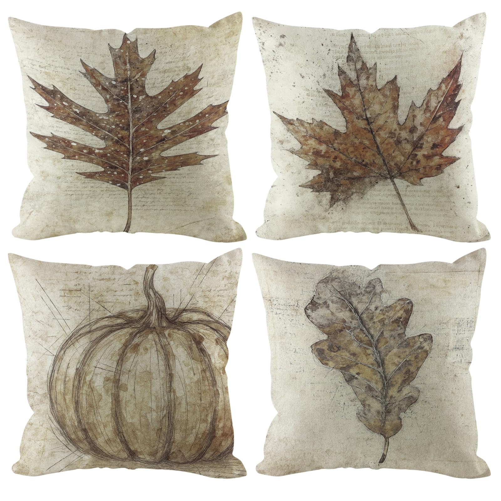HDVUHKI Fall Pumpkin Pillow Covers 20x20 Set of 4, Linen Autumn Outdoor Thanksgiving Harvest Maple Fallen Leaves Rustic Farmhouse Decorations for Sofa Couch