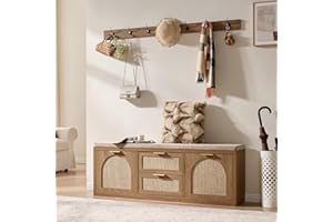 WINWY Arched Rattan Entryway Bench with Coat Rack & Seat Cushion, 4 Drawers Narrow Wood Shoe Cabinet with Bench, Farmhouse Bo