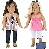 7 Pc. Casual Everyday Outfit Set Fits 18 Inch Doll Clothes Includes- X2 Pants, X2 Tops, Headband, Sun Glasses and Pocketbook