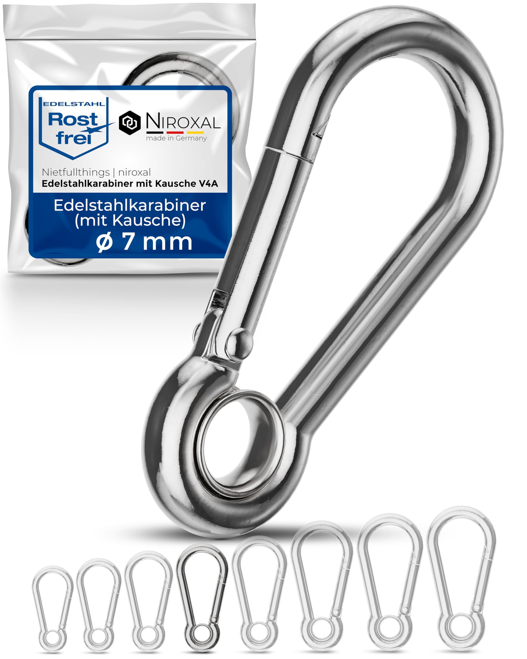 Niroxal 8 mm Stainless Steel Snap Hook with Eye Thimble – Heavy Duty Carabiner Clip – Marine Grade 316 – Spring Snap Hook – Pack of 4