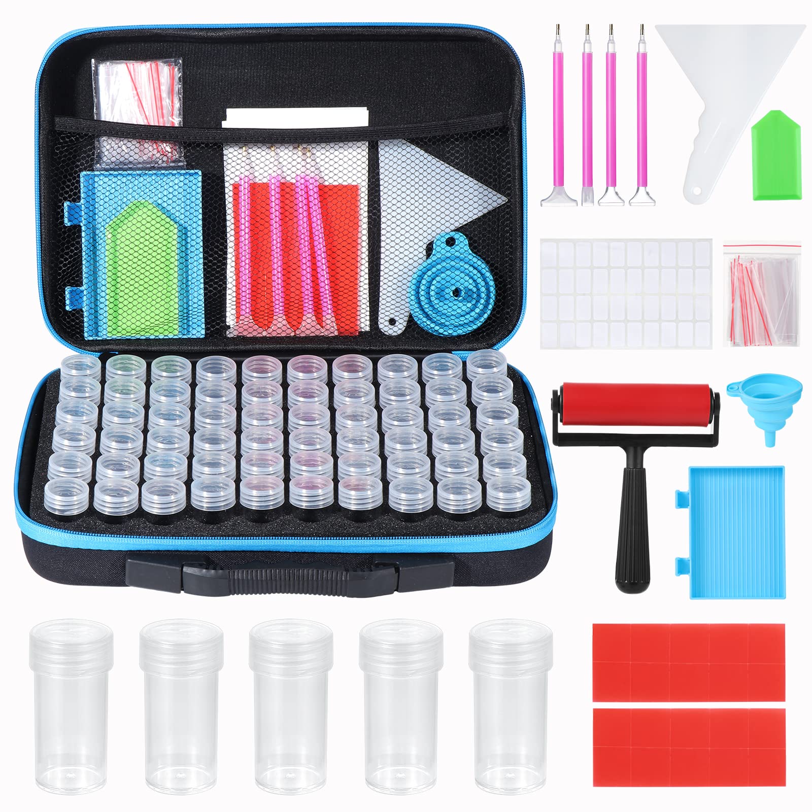 KEESIN Diamond Painting Accessory Boxes, 60 Slot Storage Case with Funnel Stickers for Rhinestone Beads Nails DIY Crafts (Blue)