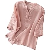 DOVWOER Women's Cotton Linen V neck Button Down 3/4 Lantern Sleeve Tunic Embroidered Tops Blouse