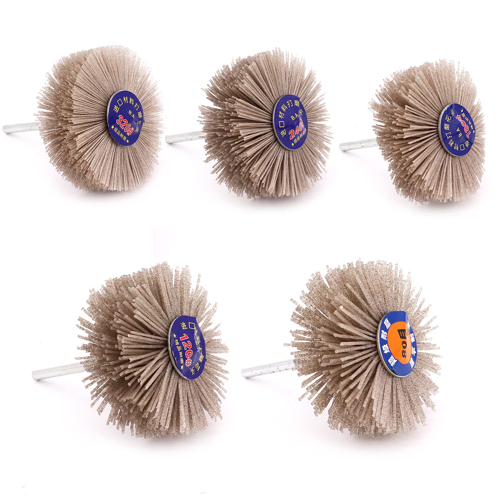 Yuhtech 5Pcs 5 Size 80Grit 120Grit 180Grit 240Grit 320Grit Nylon Wheel Brush Abrasive Grinding Head with 6mm Shank Kit, Sanding Mop Abrasive Wheel for Polishing Removing Rust and Painting