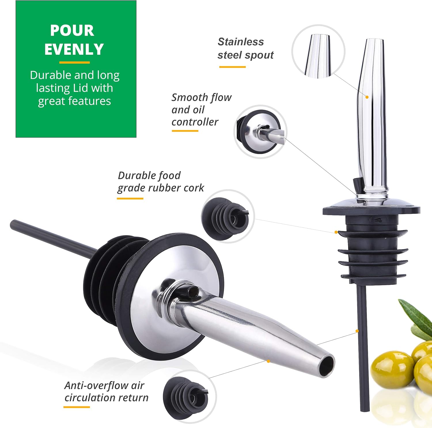 Liam Kitchen Glass Oil Dispenser 17oz Pack 1 - Olive Oil and Vinegar Cruet Clear Bottle Includes 1 Extra Stainless Steel Spout for Easy Pouring - White: Home Improvement