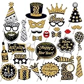 New Years Eve Photo Booth Props 2026, 30 Pcs Black Gold and Silver Funny New Years Eve Party Photo Booth Props for Happy New Year 2026 Party Decorations