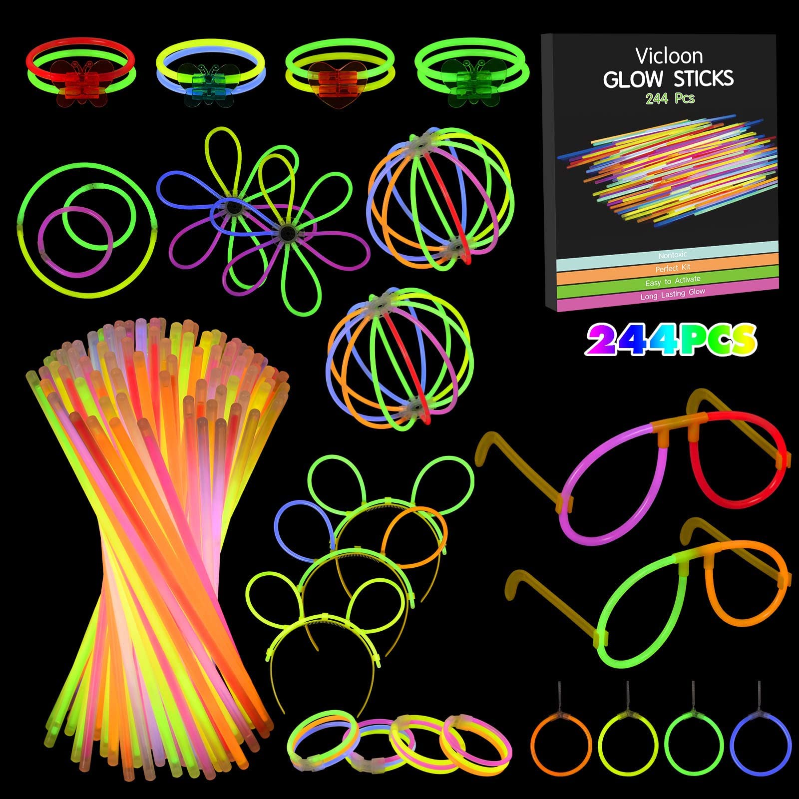 Vicloon Glow Sticks, 244 Pcs Party Pack with Eye Glasses -Bracelet Connectors, Premium Glow Neon Necklaces for Party, Festival,Wedding, Halloween Decoration