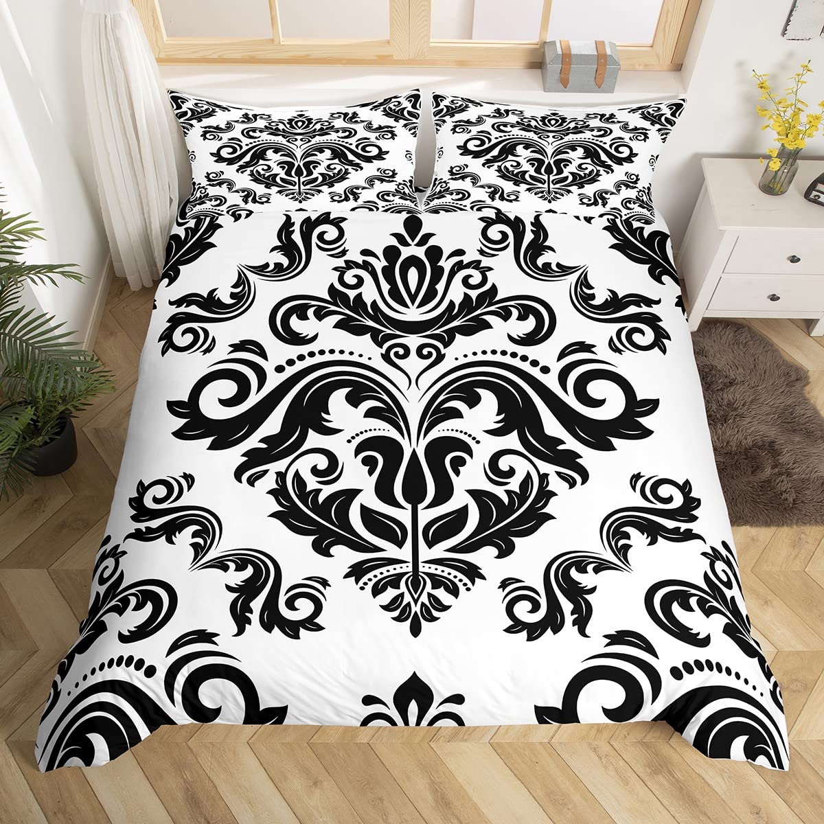 Baroque Damask Duvet Cover King Black White Gothic Boho Floral Bedding Set For Boys Girls Abstract Adults Geometric Flowers Comforter Cover European Victorian Style Quilt Cover 2 Pillow Cases โ image 1