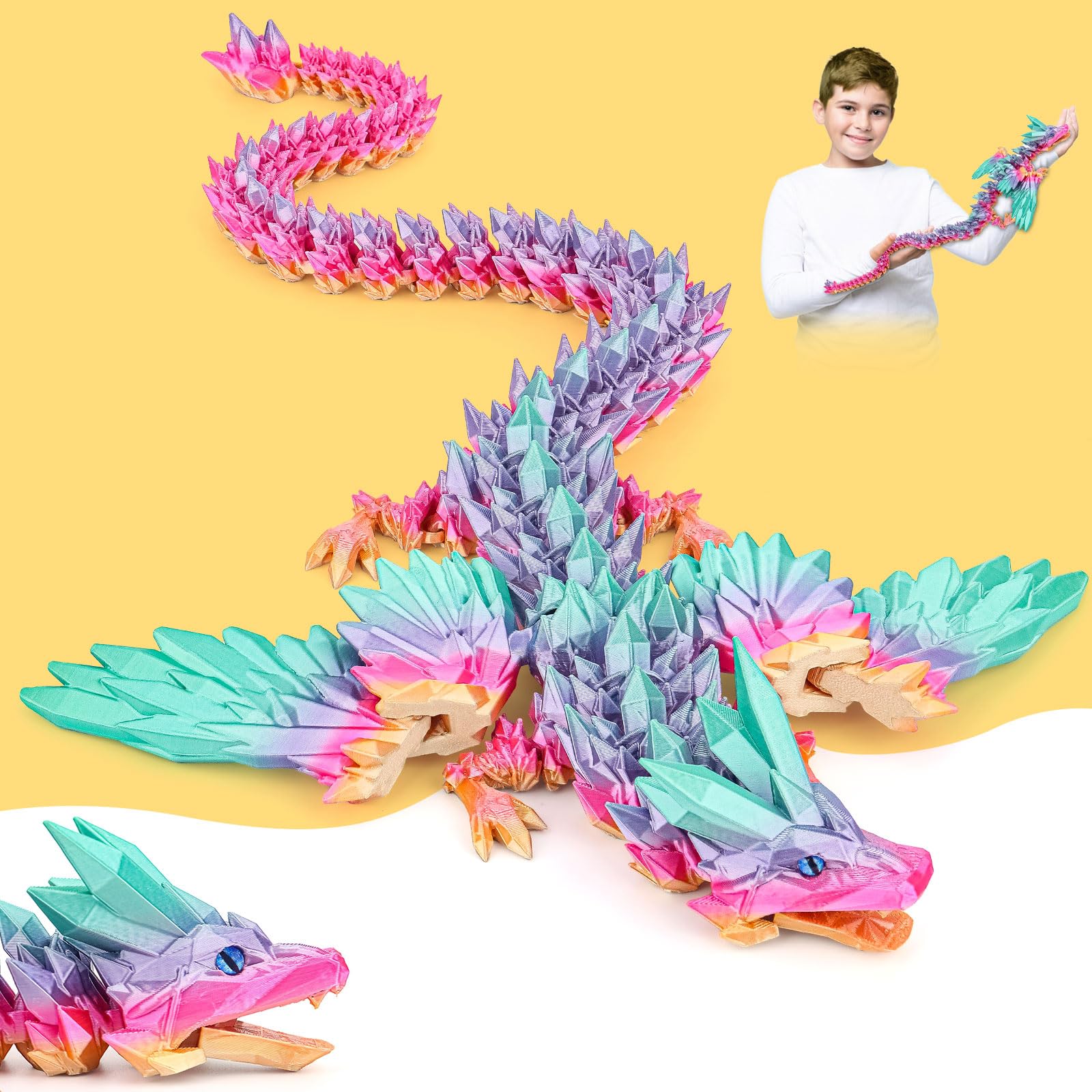 Photo 1 of 24-inch 3D Printed Dragon Large with Wings, Big Articulated Dragon Fidget Toy with Eyes, Movable Mouth, Crystal Drago n Toy, Home Decor, Desk Pet, Christmas Birthday Gift for 5/6/7/8/9 year old Kids