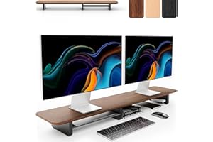 KIVY Dual Monitor Riser with Integrated Metal Shelf - Wooden desk shelf for top of desk - Wood monitor stand for desk 2 monitors / tv - Dual monitor stand riser for desk - Large walnut monitor stand