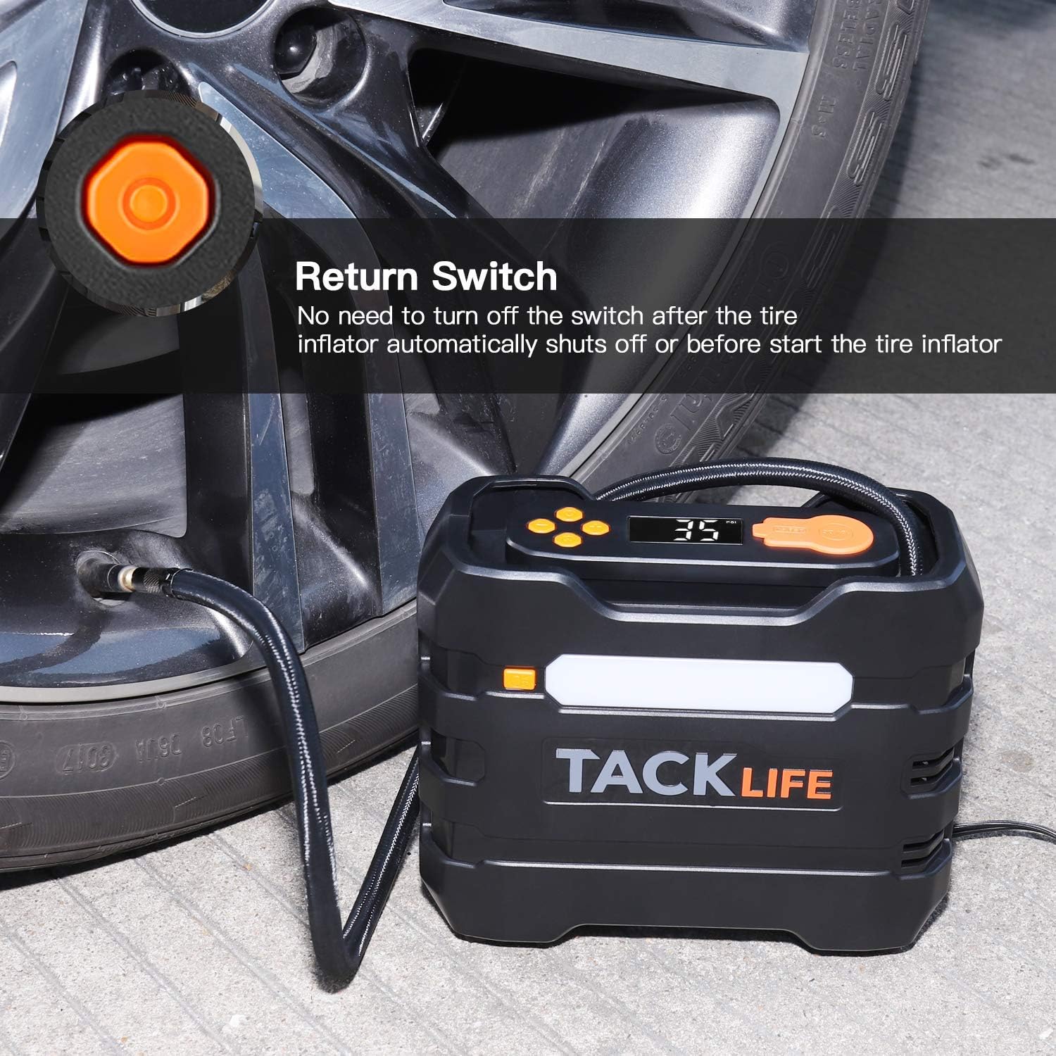 TACKLIFE Portable Tire Inflator Air Compressor, 12V Mini Electric Pump with Overheating Protection, LCD Display, LED Light, 3 Nozzles and Spare Fuse: Automotive