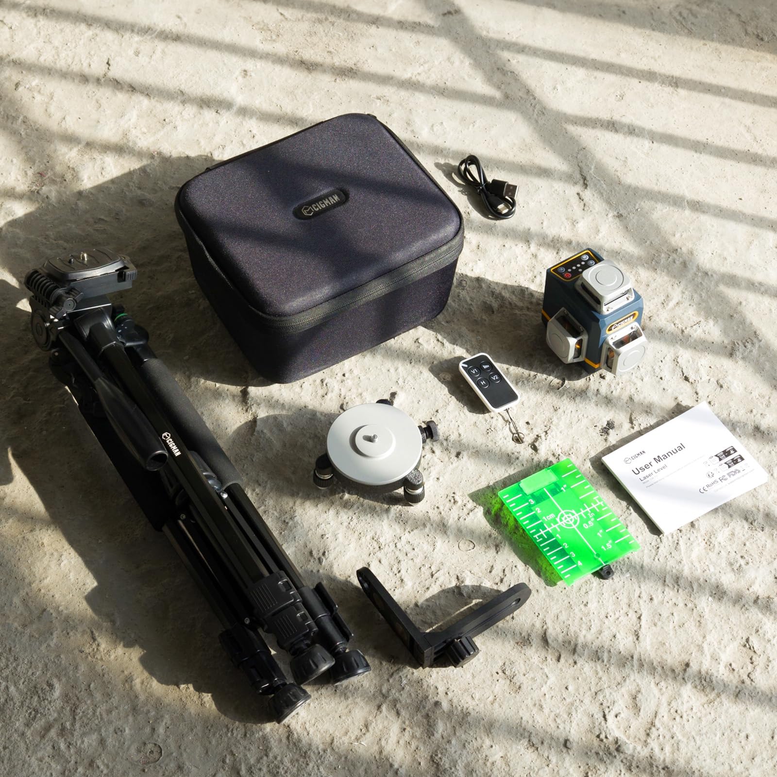 Kreuzlinienlaser mit Stativ, CIGMAN 3x360 Grad Grün Selbstnivellierend Laser Wasserwaage mit 1,2m -Aluminium-Baustativ, Baulaser Kreuzlaser Linienlaser bis zu 30 Stunden mit Lithium-Batterie,CM701T 9
