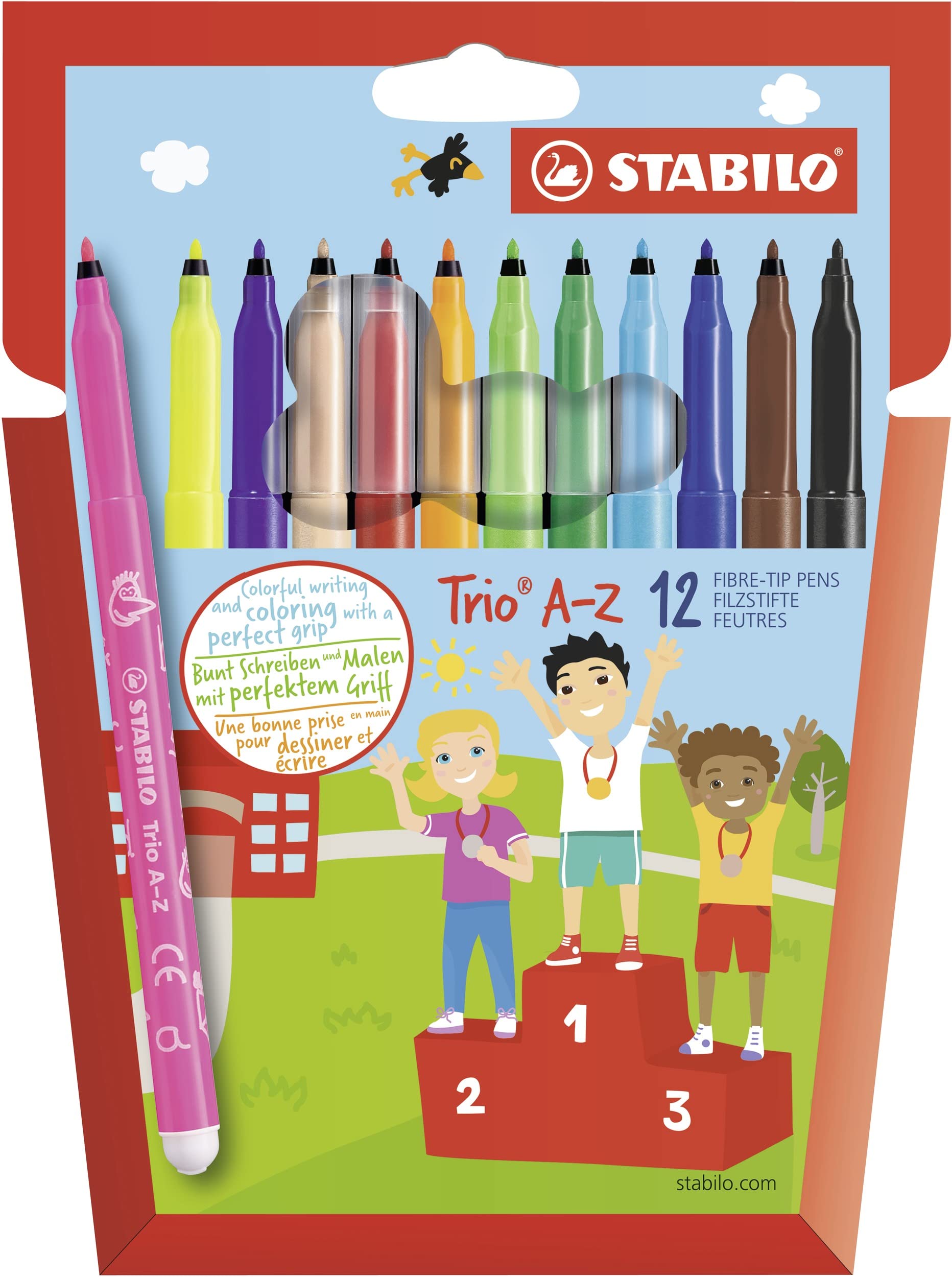STABILO Trio A-Z - Fibre-Tip Pen with Triangular Grip Zone - Pack of 12 - Assorted Colours including 2 Neon Colours — image 1
