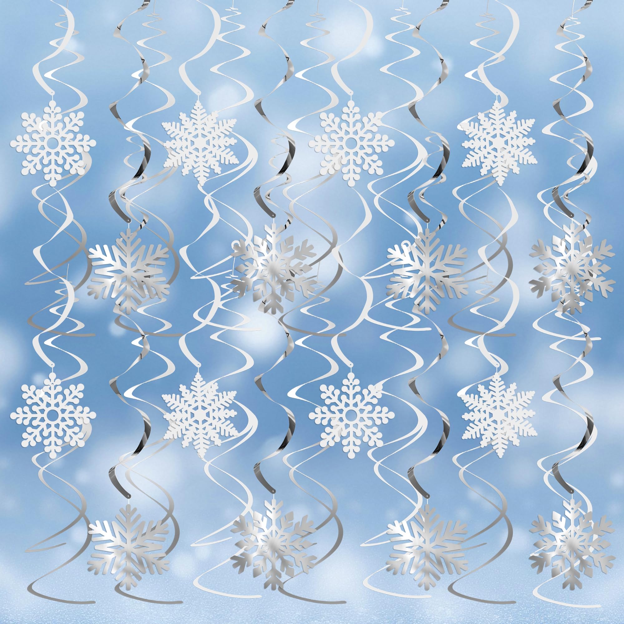 Photo 1 of 30 Pcs Snowflake Decorations Winter Snowflake Hanging Swirl Decorations Snow Flakes Garland Christmas Winter Wonderland Ceiling Decor White Silver Snow Flakes Decorating Party Decor