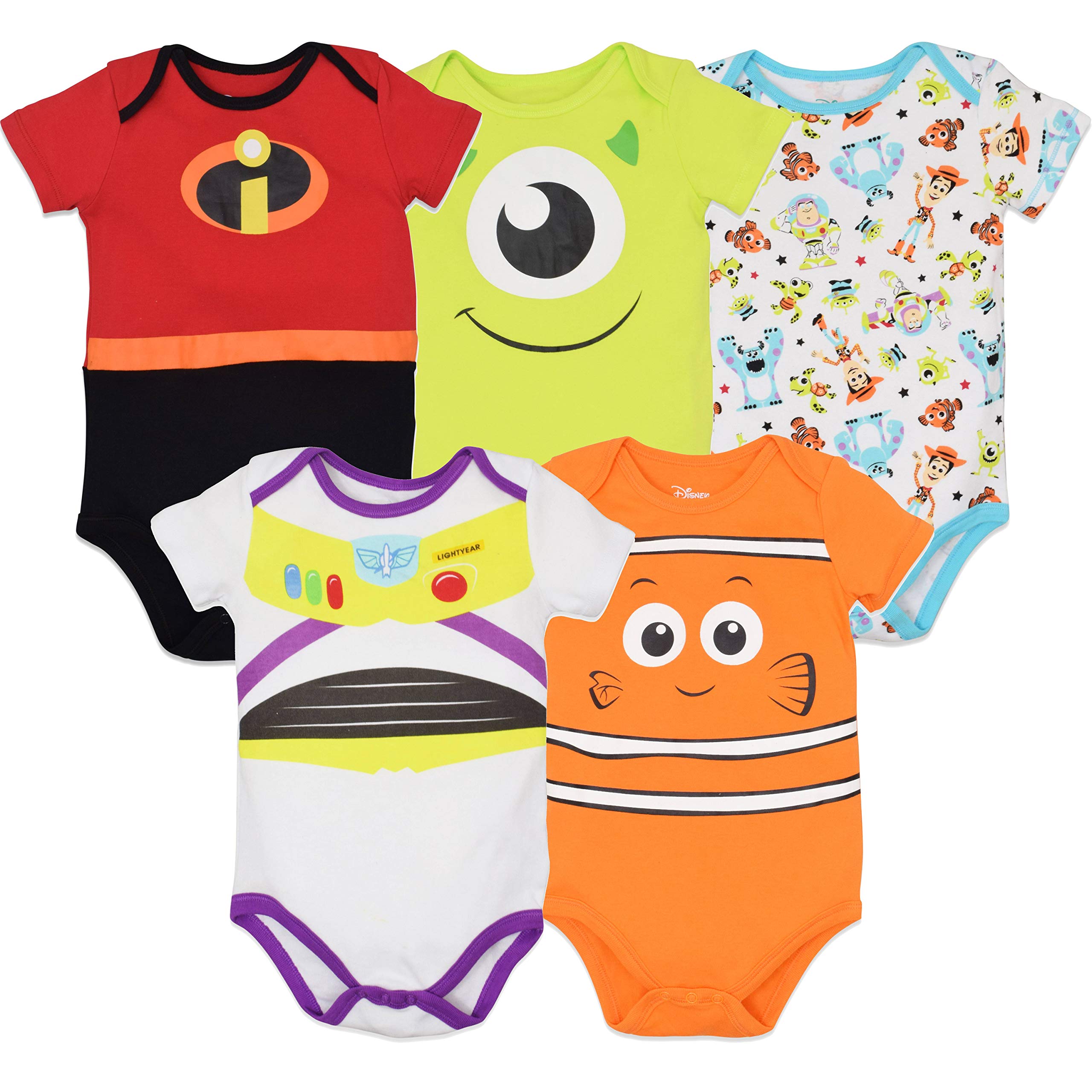 DisneyMickey Mouse Lion King Winnie the Pooh Pixar Toy Story Finding Nemo Baby 5 Pack Bodysuits Newborn to Infant