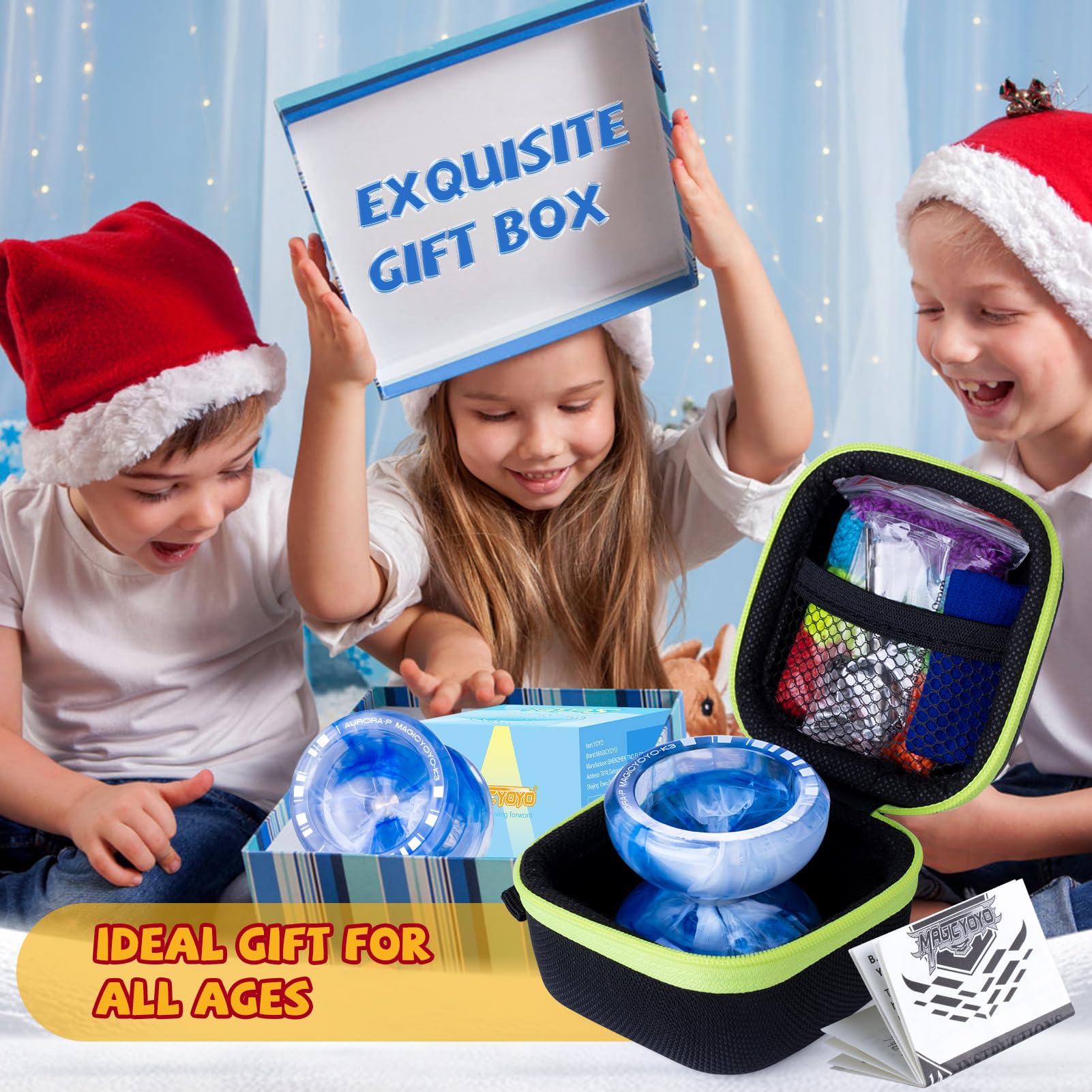 MAGICYOYO K3 Aurora-p Kids Pro Yoyo‌ – Responsive Yoyo for Kids 8-12 | Unresponsive Yo-yo Bearing & Crystal Plastic Design with 12 Strings + Bag | Learn Tricks(Blue/White)