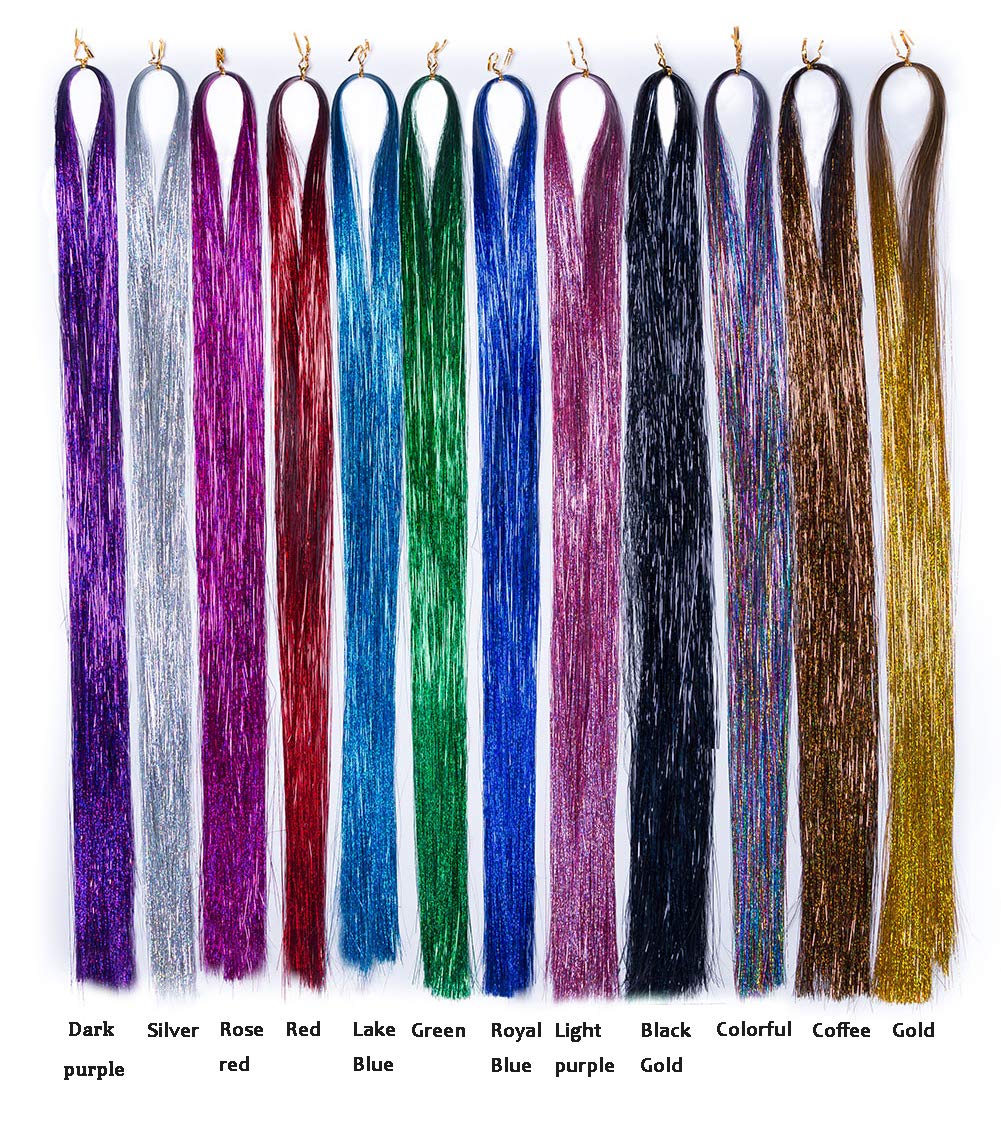 Hair Tinsel Strands 47 Inches Sparkling Shiny Hair Tinsel Extensions 12 Colors (7200 Pieces) Colored Party Highlights Bling Glitter Hair Streak Extensions (7200 pieces)