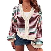 Saodimallsu Womens Striped Cardigan Sweaters Oversized Puff Sleeve Button Up V Neck Color Block Knit Sweater Coat