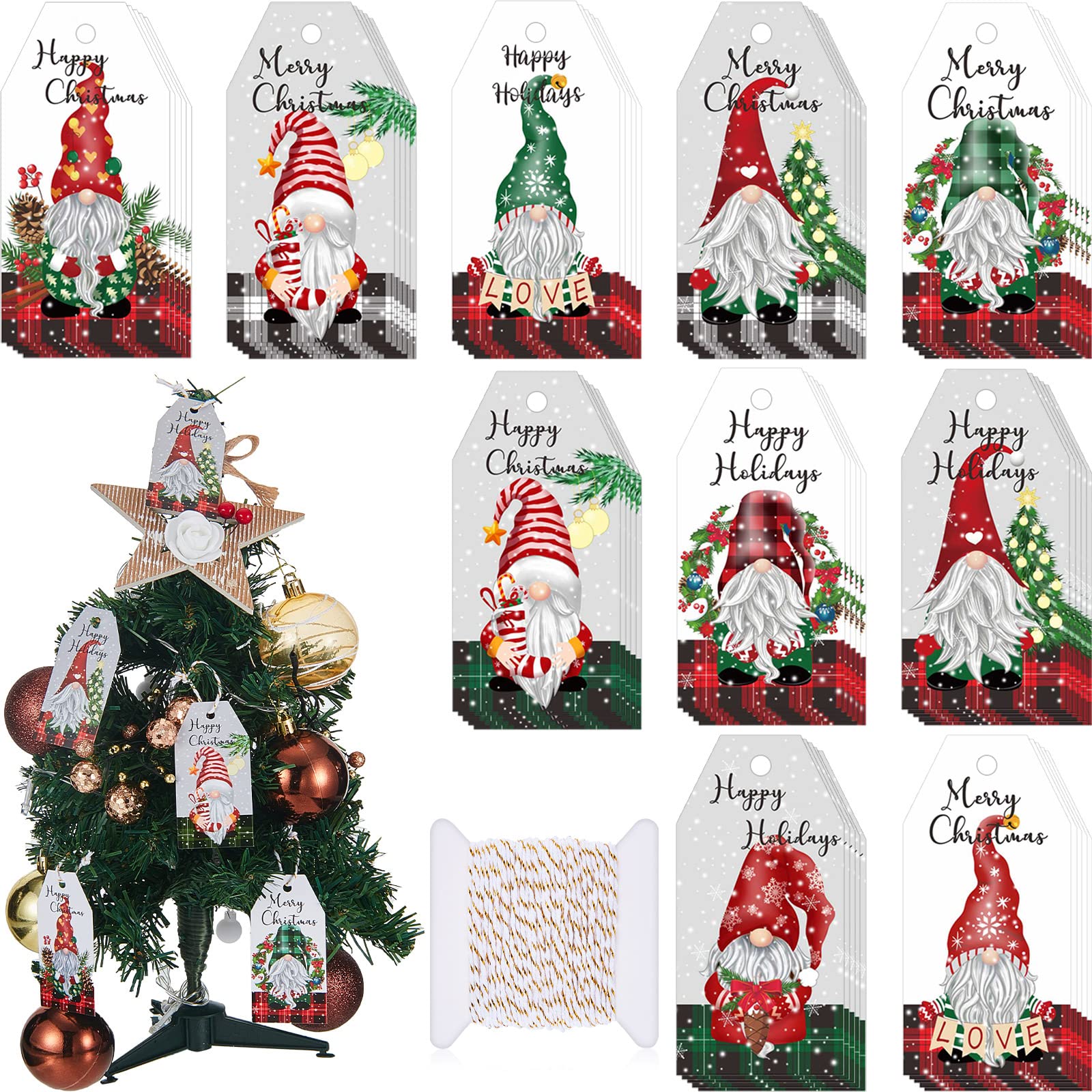 Zonon 50 Pieces Christmas Name Gift Tags with Strings Bulk 10 Styles Paper Xmas Gifts Tags for Presents Gift Name Hanging Ornament Wrapping Supplies Xmas Tree Decoration(Christmas Gnome)