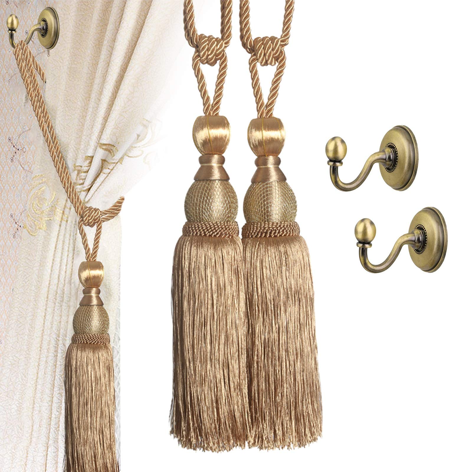 VEGCOO 4 Pack Handmade Curtain Clips Tiebacks Set, 2 Pack Europe Buckles Hold backs Tassel Ball Rope with 2 Pack Curtain Tieback Hooks(Gold)