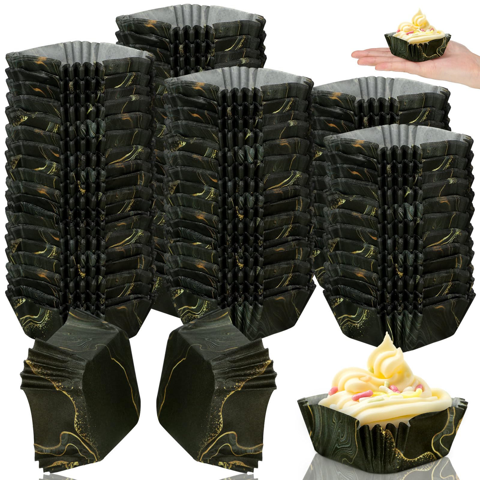 Photo 1 of Tanlade 350 Pcs Square Mini Cupcake Liners Disposable Brownie Baking Pan Liners 1.77 Inch Paper Baking Cup for Cup and Cupcakes Party Supplies for Weddings Birthdays Bridal Showers(Black Marble)