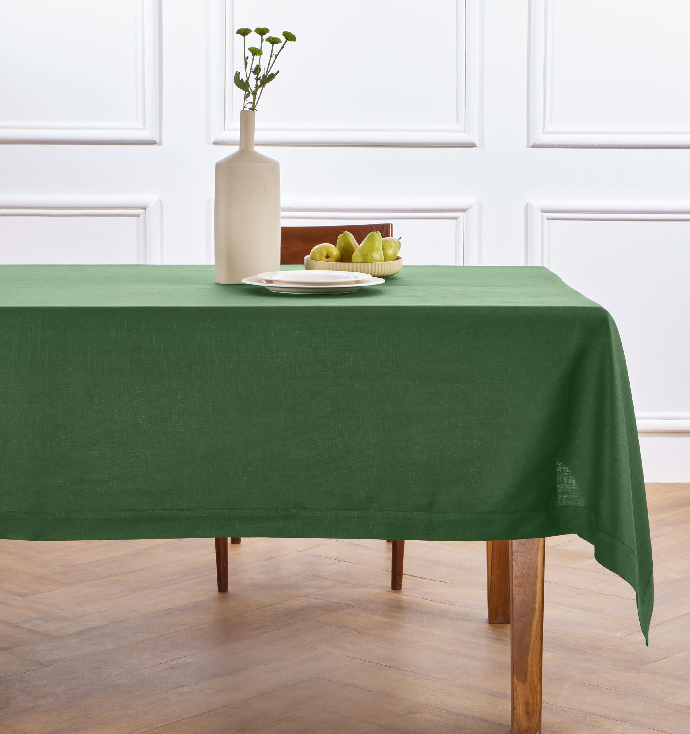 Solino Home Linen Tablecloth for Rectangle Tables 60 x 90 Inch - 100% Pure Linen Pine Green Table Cloth - Fete, Machine Washable Cloth Tablecloth Image